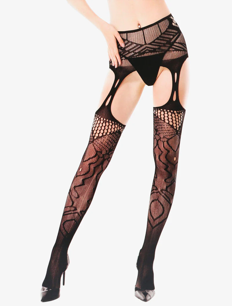 Opengewerkte panty's met gestileerde details - zwart