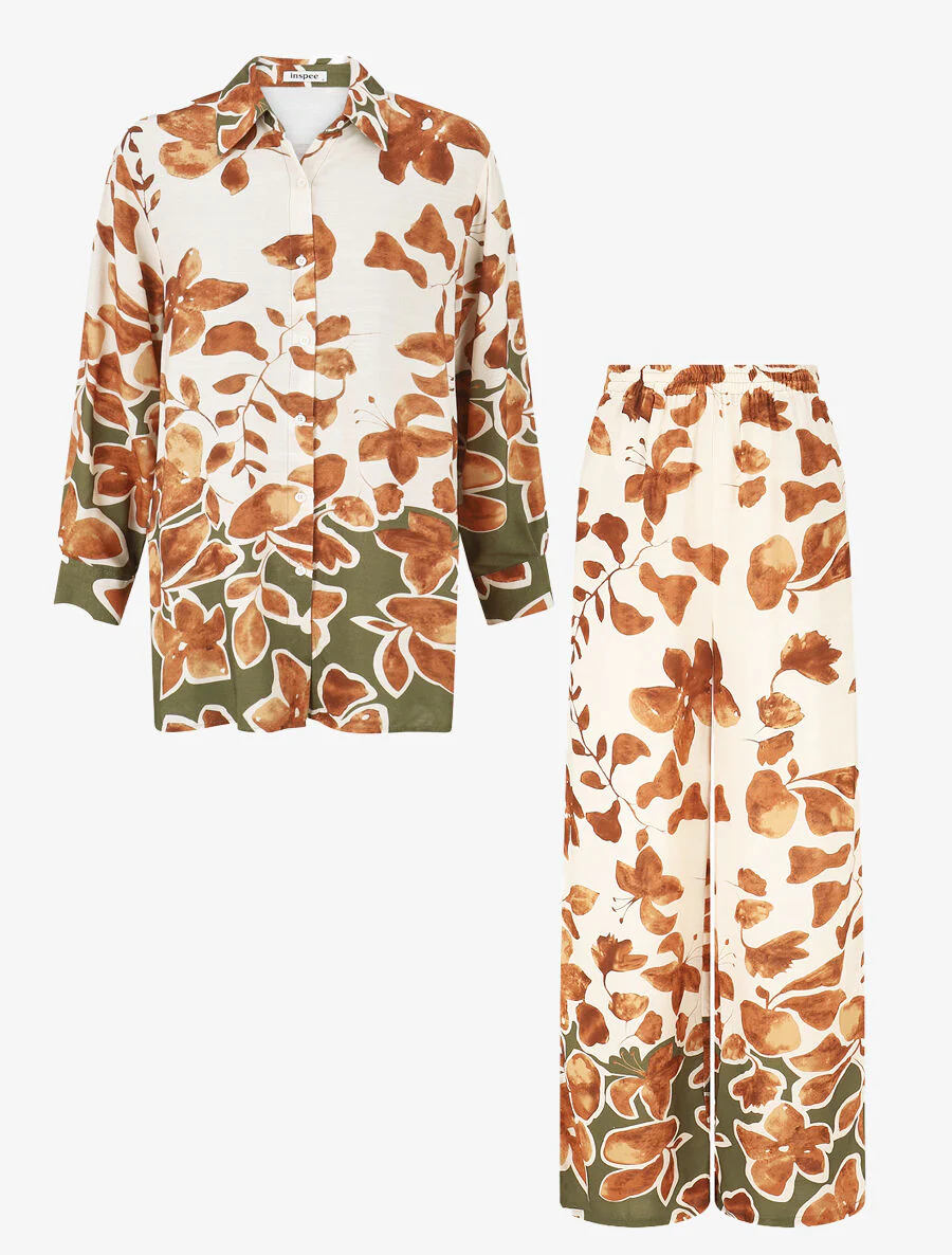 Overhemd en broek met bloemen print - Bruin - Image 2