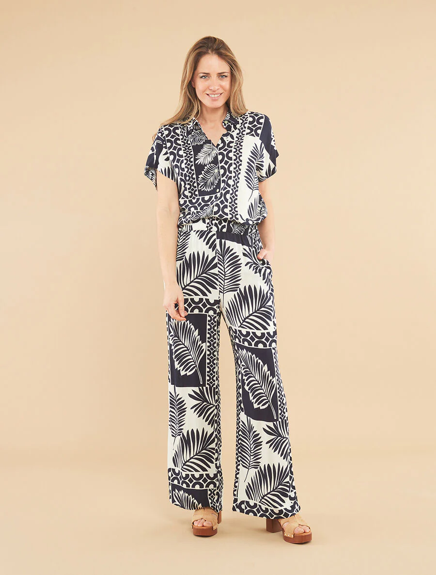 Overhemd en broek met tropische print - Donkerblauw