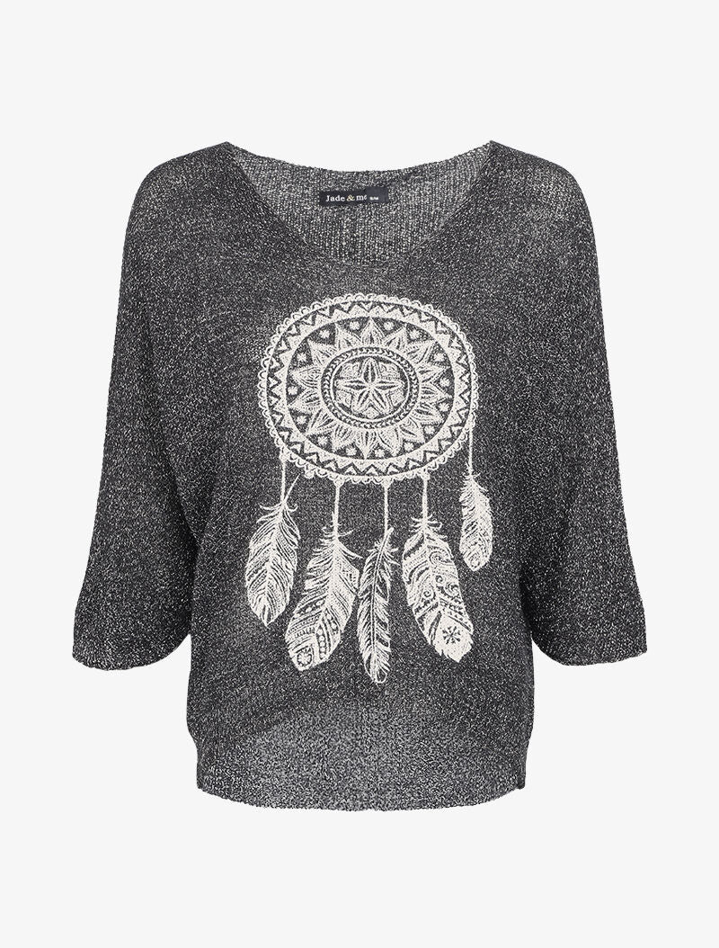 Oversized gehaakte trui met print - Zwart