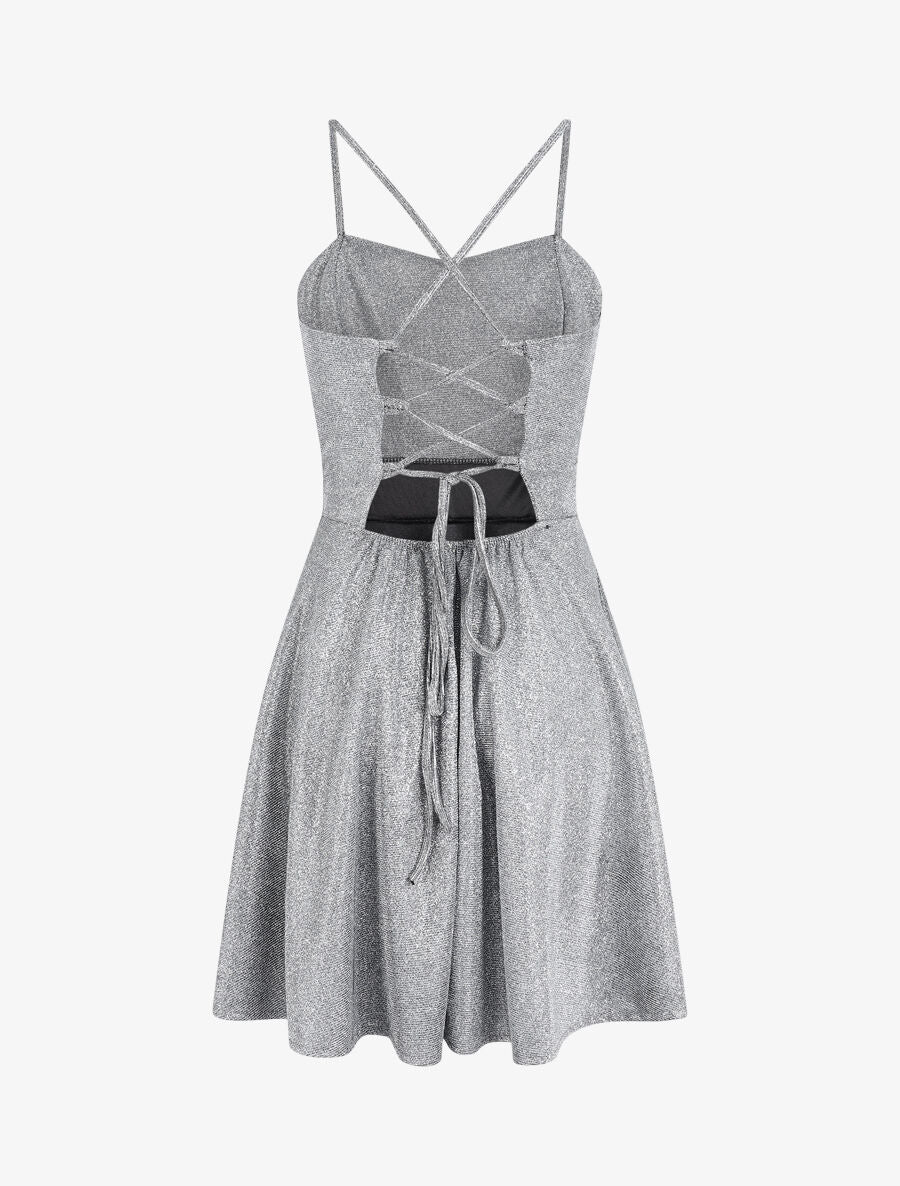Pailletten fit & flare jurk met korset rug - Zilver - Image 2