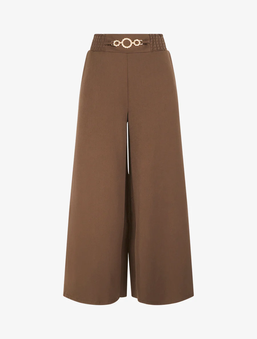 Palazzobroek met elastische taille en ringen. - Bruin