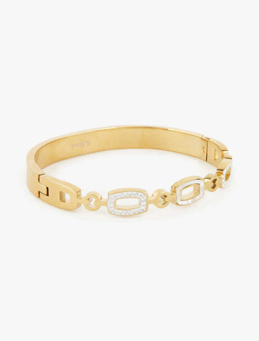 Parelmoer rechthoekige bangle versierd met witte zirkonen. - Goud - Image 2