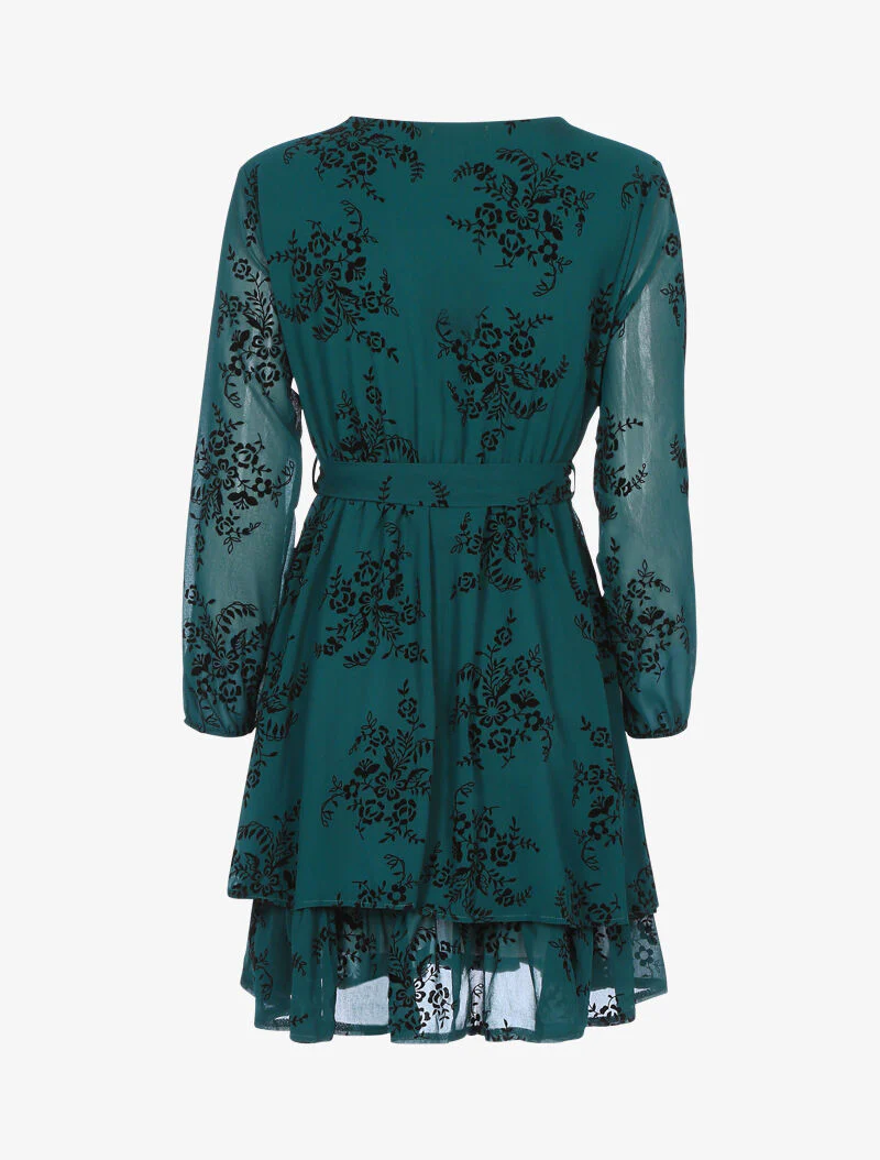 Fluwelen skaterjurk met grafische bloemen - donkergroen - Image 2