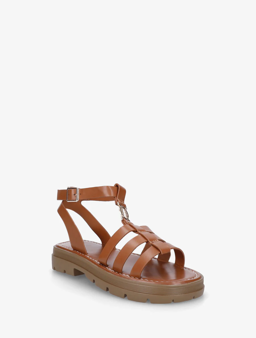 Platte sandalen in Spartaanse stijl - Kameel - Image 2