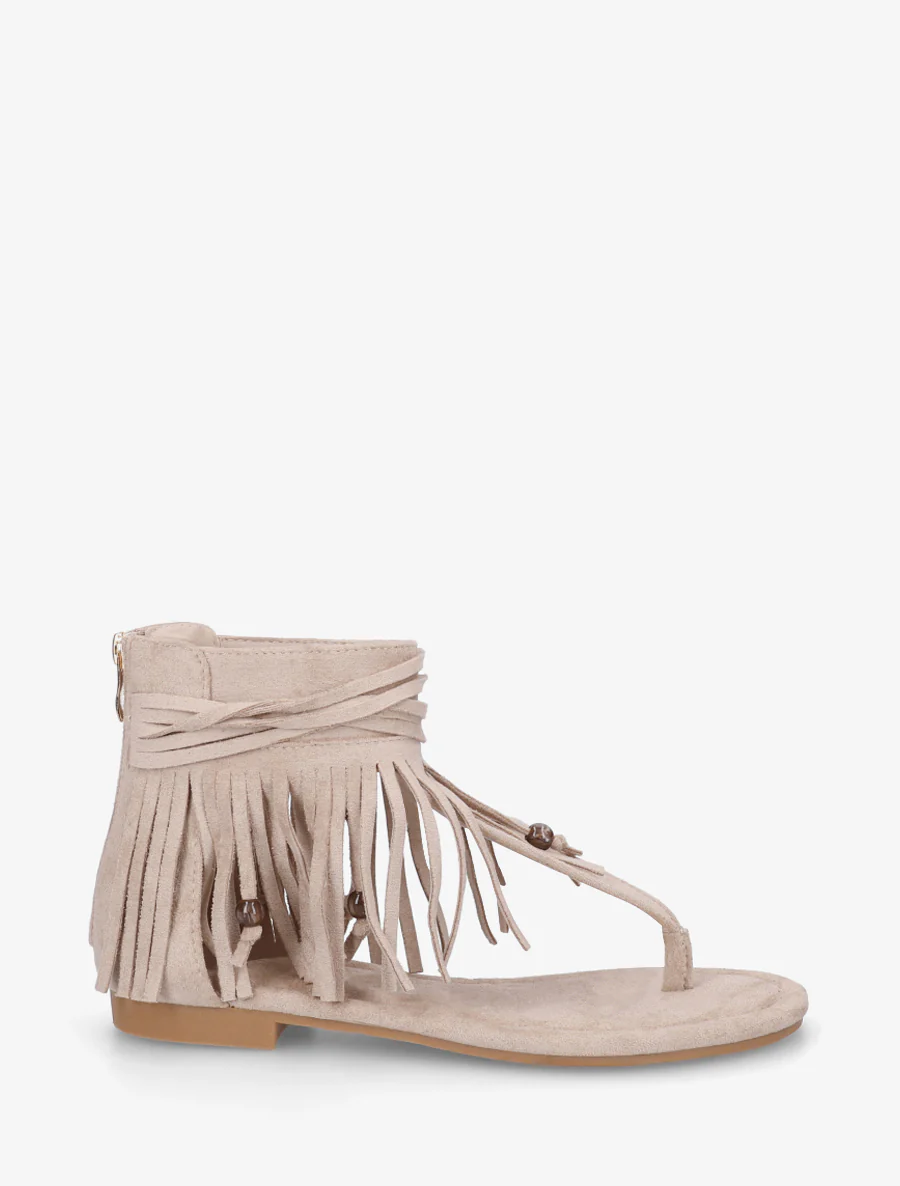 Platte sandalen met franjes van suèdine. - Beige