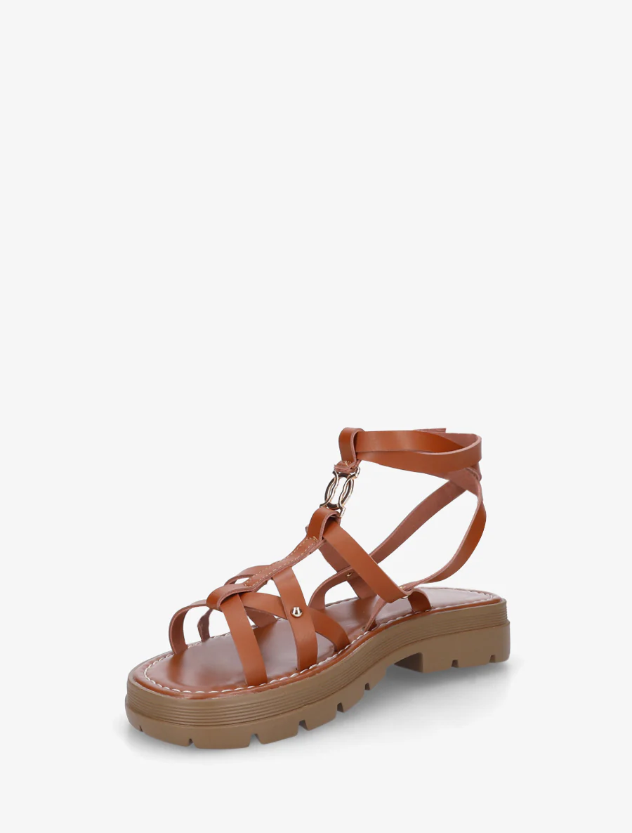 Platte sandalen met gekruiste bandjes - Kameel - Image 3