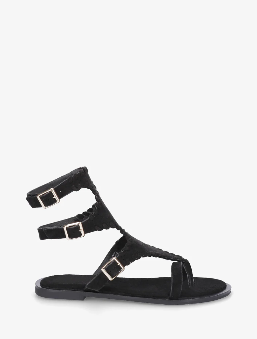 Platte sandalen met teenstuk en hoge schacht - Zwart