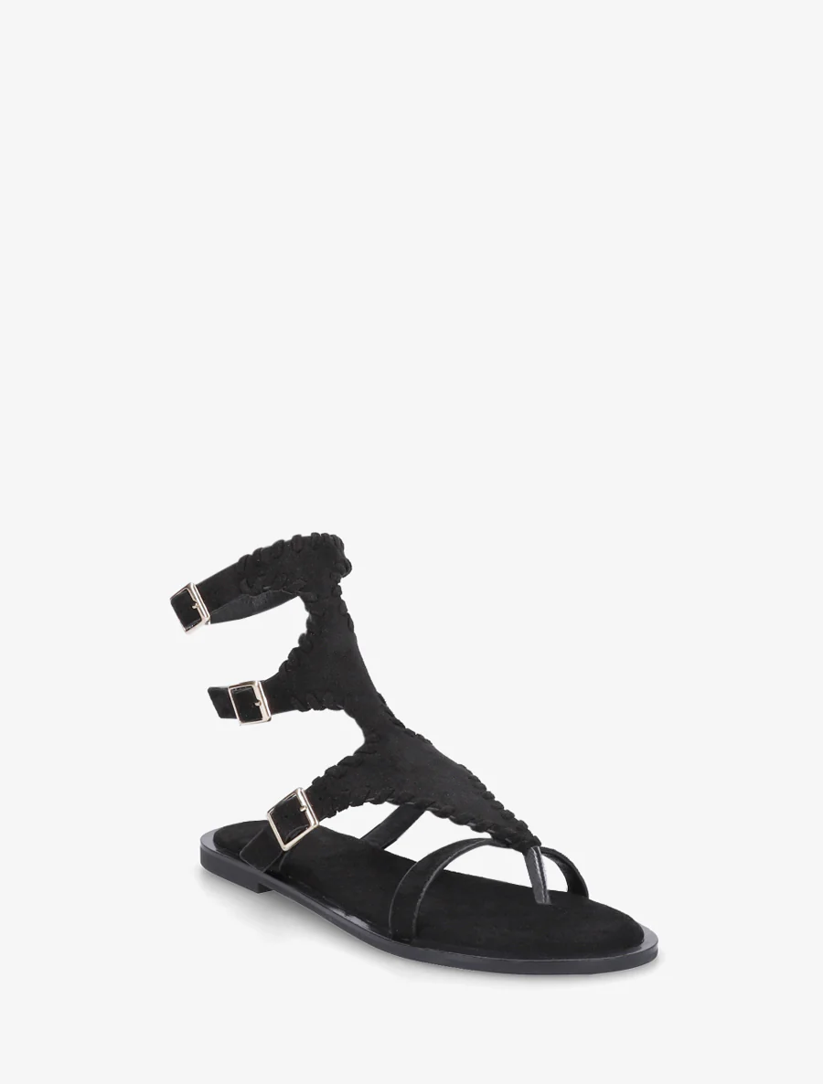 Platte sandalen met teenstuk en hoge schacht - Zwart - Image 2