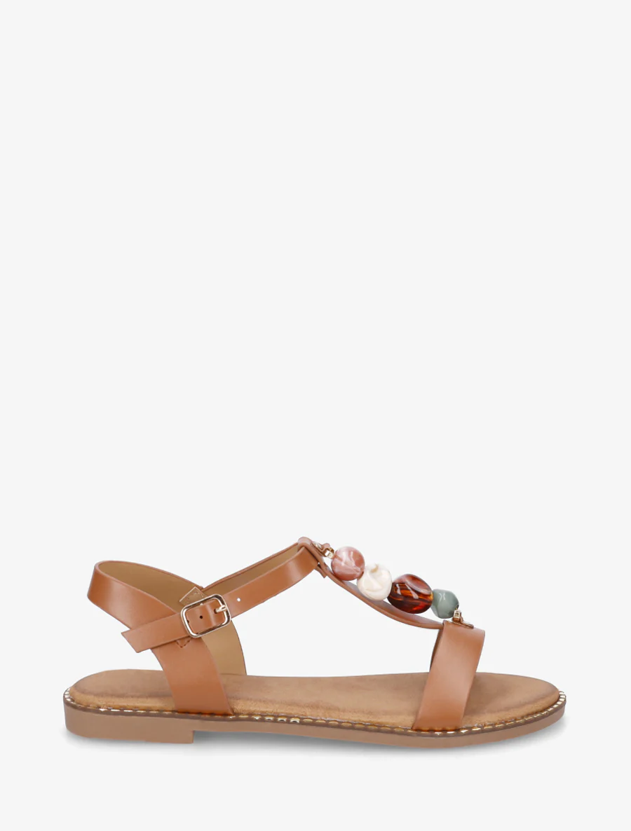 Platte sandalen van imitatieleer met gekleurde stenen - Kameel