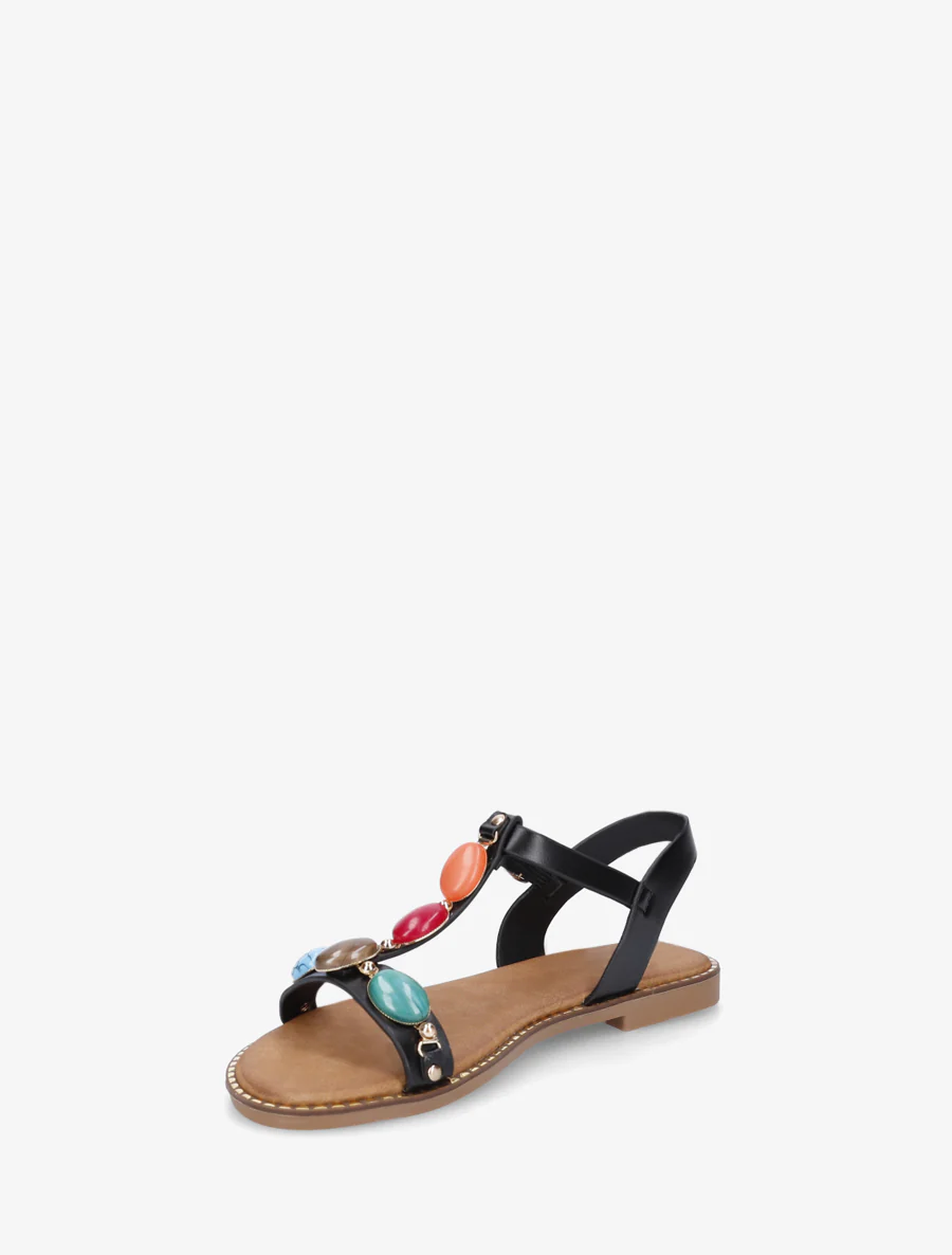 Platte sandalen van imitatieleer met harsstenen - Zwart - Image 3