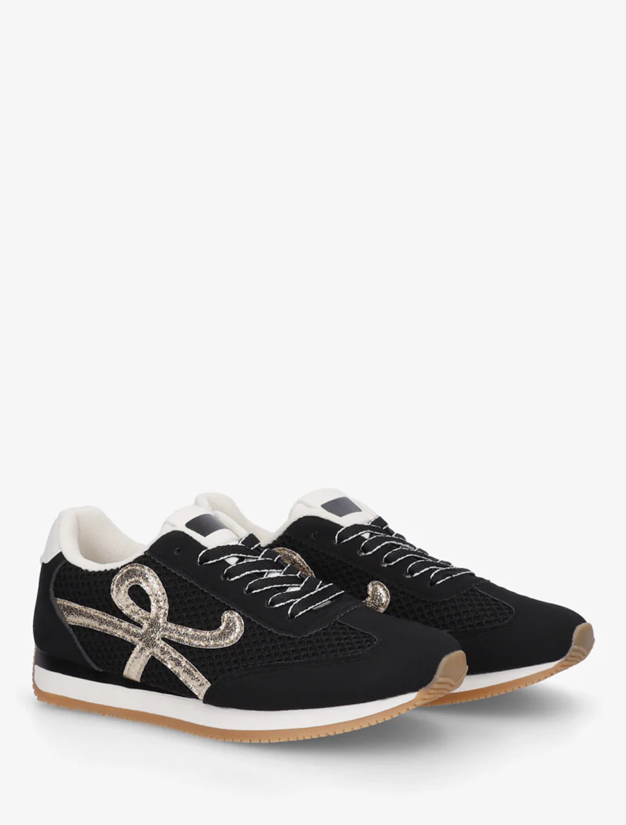 Platte sneakers met inzetstukken van canvas. - Zwart - Image 4