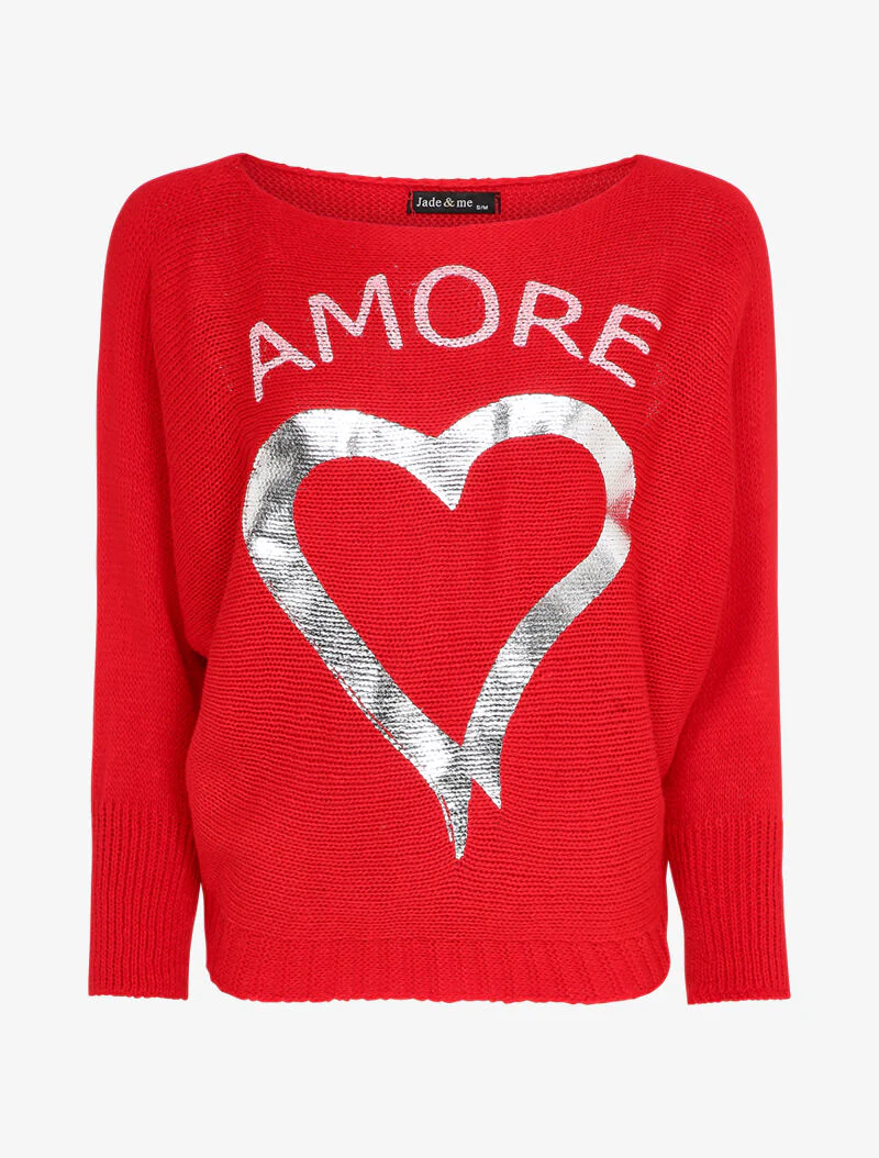 Bootshals trui met hartmotieven en lamé-inscriptie - Rood