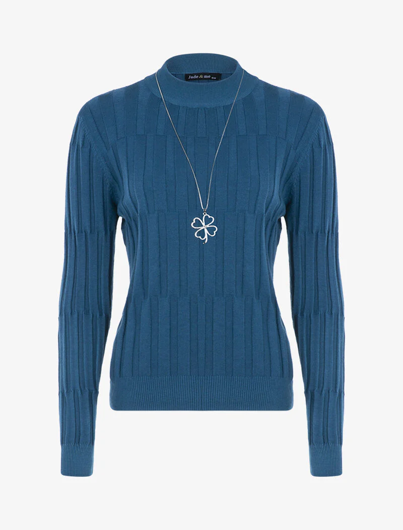 Grafisch reliëftrui met opstaande kraag - eendblauw