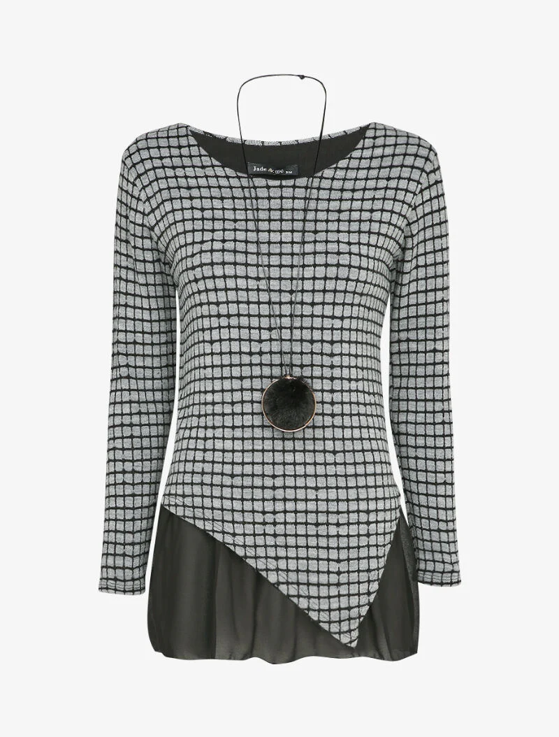 Geruite trui met asymmetrische randen en voile detail - Lichtgrijs