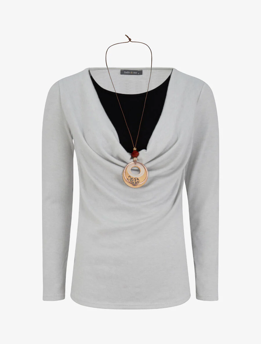 Cowl neck trui en trompe l'oeil t-shirt - Lichtgrijs