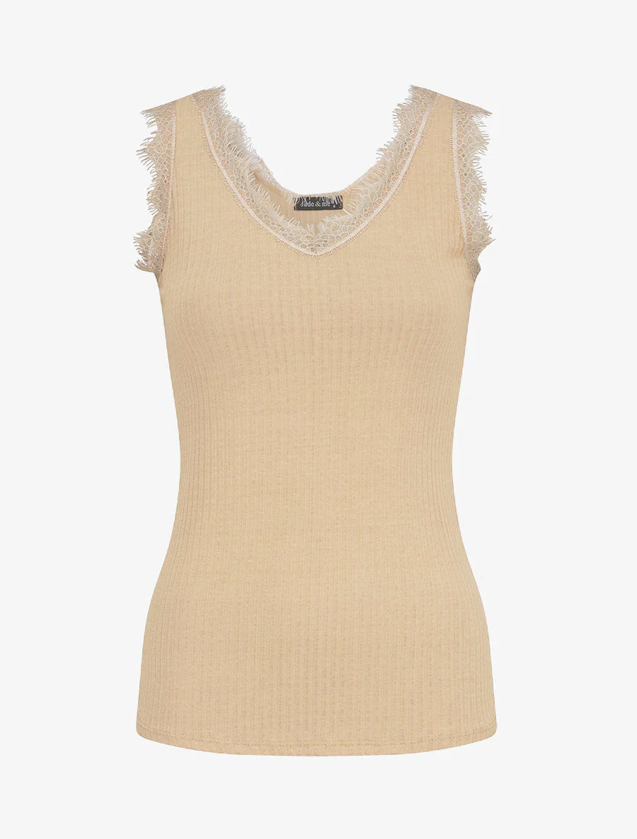 Recht geribbelde T-shirt met kanten kraag - Beige