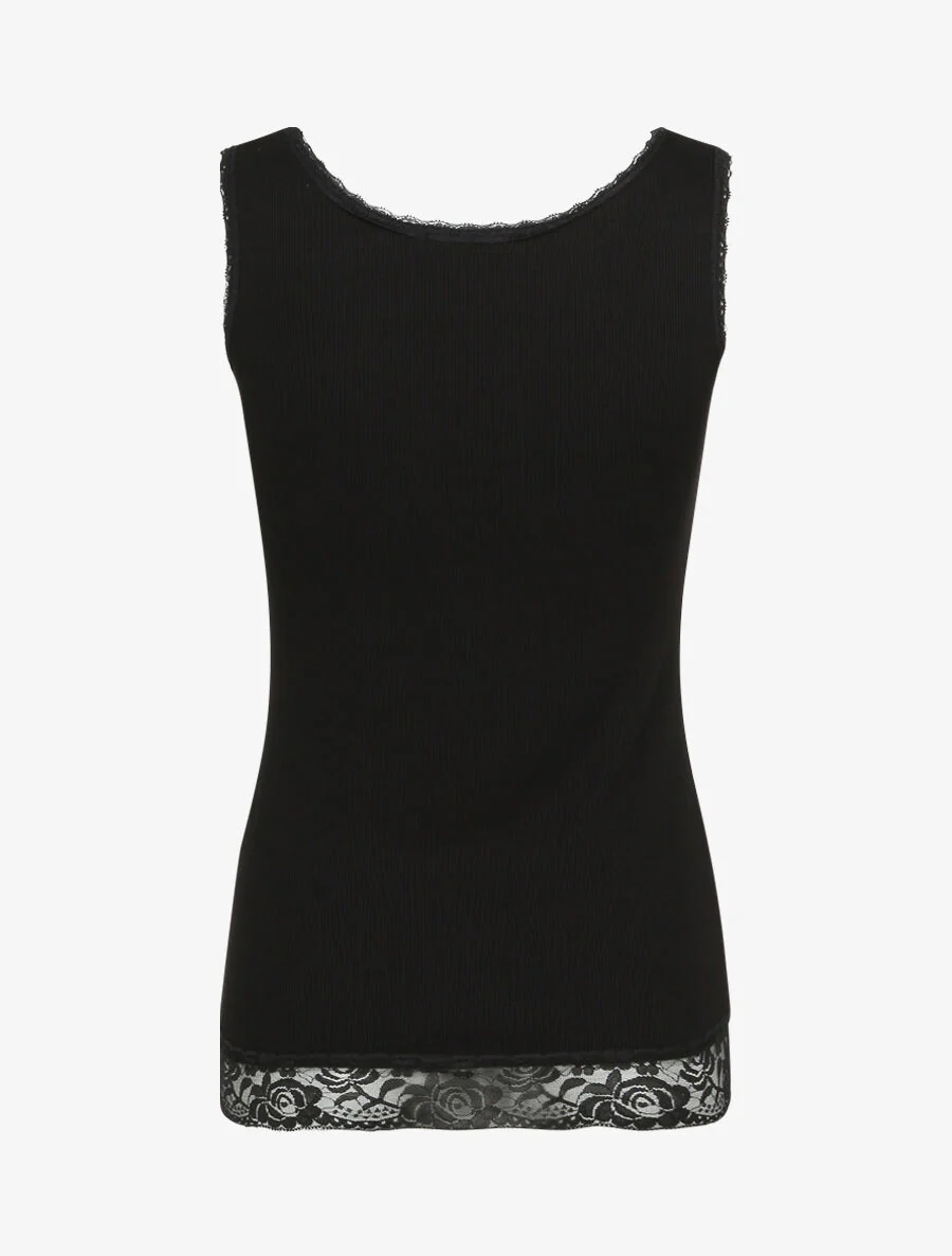 Recht geribbelde tanktop met kanten randen - Zwart - Image 2