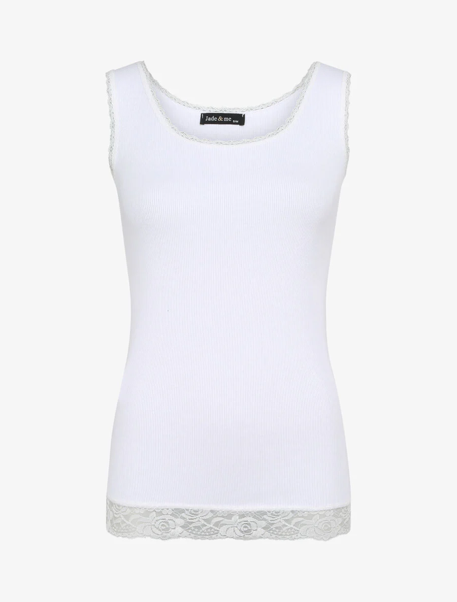 Recht geribbelde tanktop met kanten randen - Wit