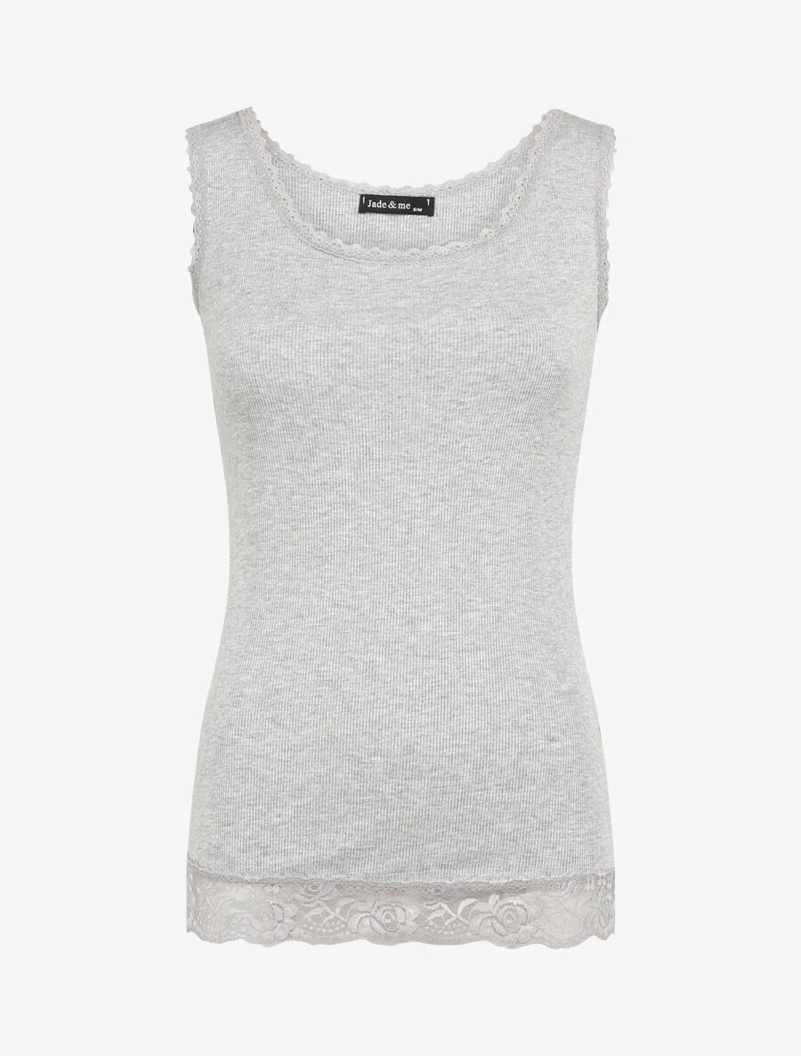Recht geribbelde tanktop met kanten randen - Lichtgrijs