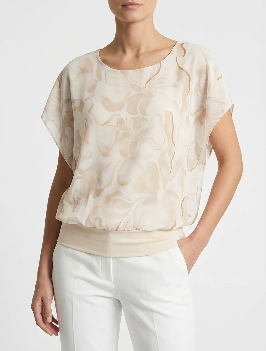 Rechtboven top met korte mouwen en bloemenprint - Beige - Image 4