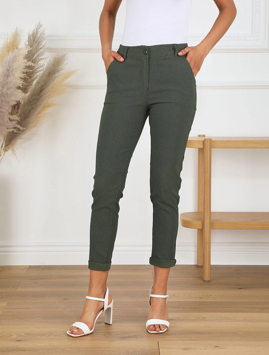 Rechte broek met hoge taille en kleine stippenprint - Kakigroen - Image 4