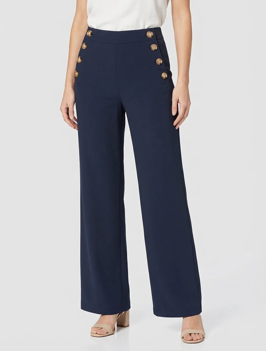 Rechte broek met knoopsluiting aan de zijkanten - Marine - Image 4