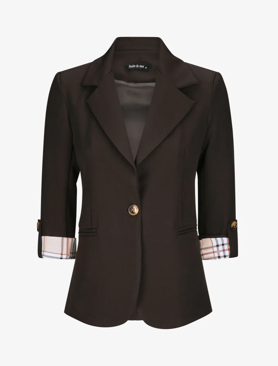 Rechte effen blazer met 3/4 mouwen en vierkante revers - Zwart