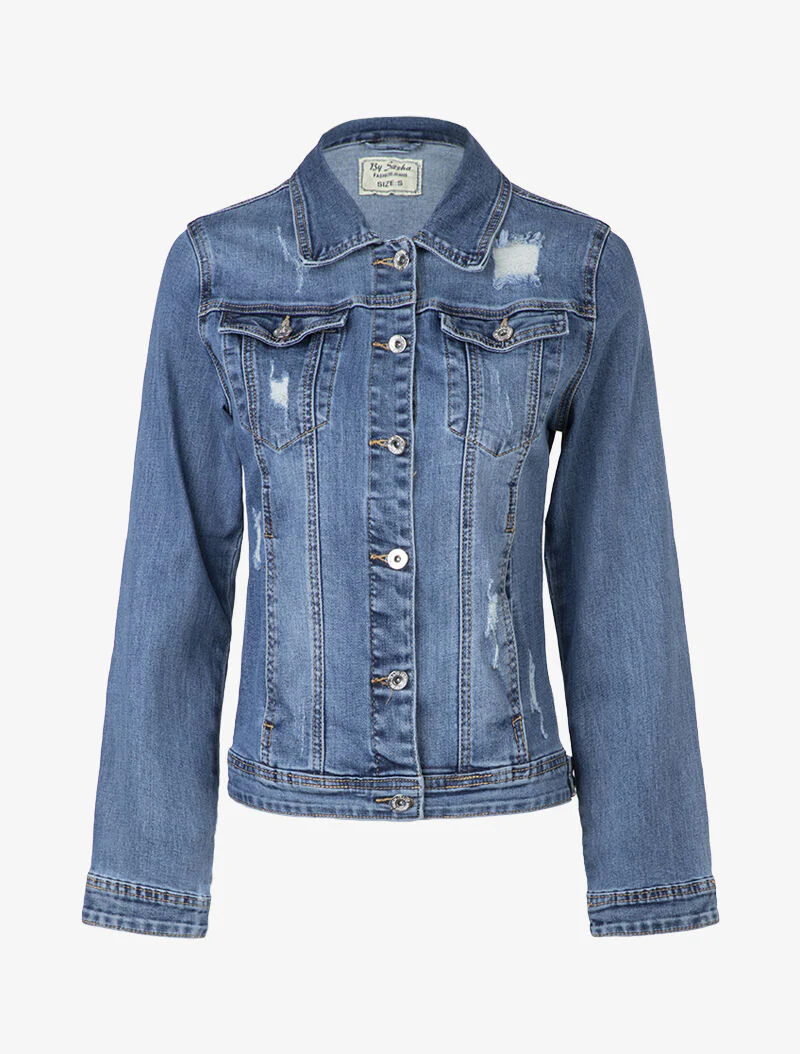Rechte jas met schaafplekken - blauw denim