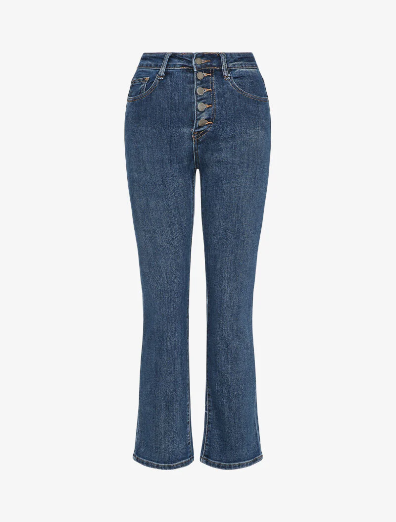 Rechte jeans met hoge taille en knopen - Blauw denim
