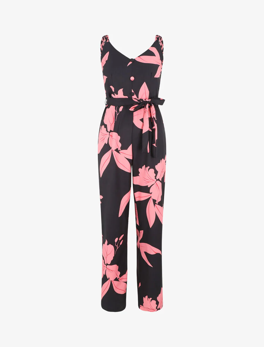 Rechte jumpsuit met gevlochten bandjes en plantenmotief - zwart