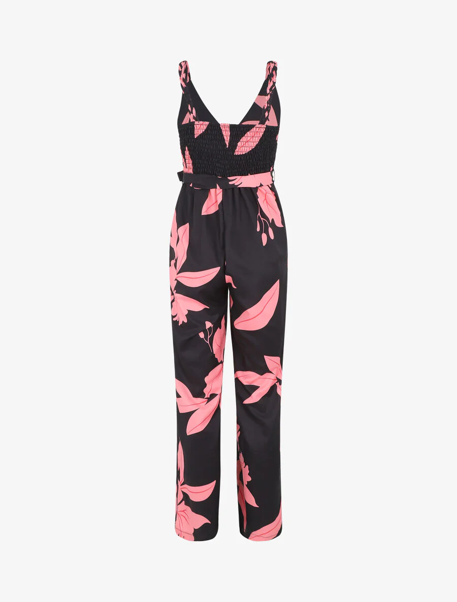 Rechte jumpsuit met gevlochten bandjes en plantenmotief - zwart - Image 2