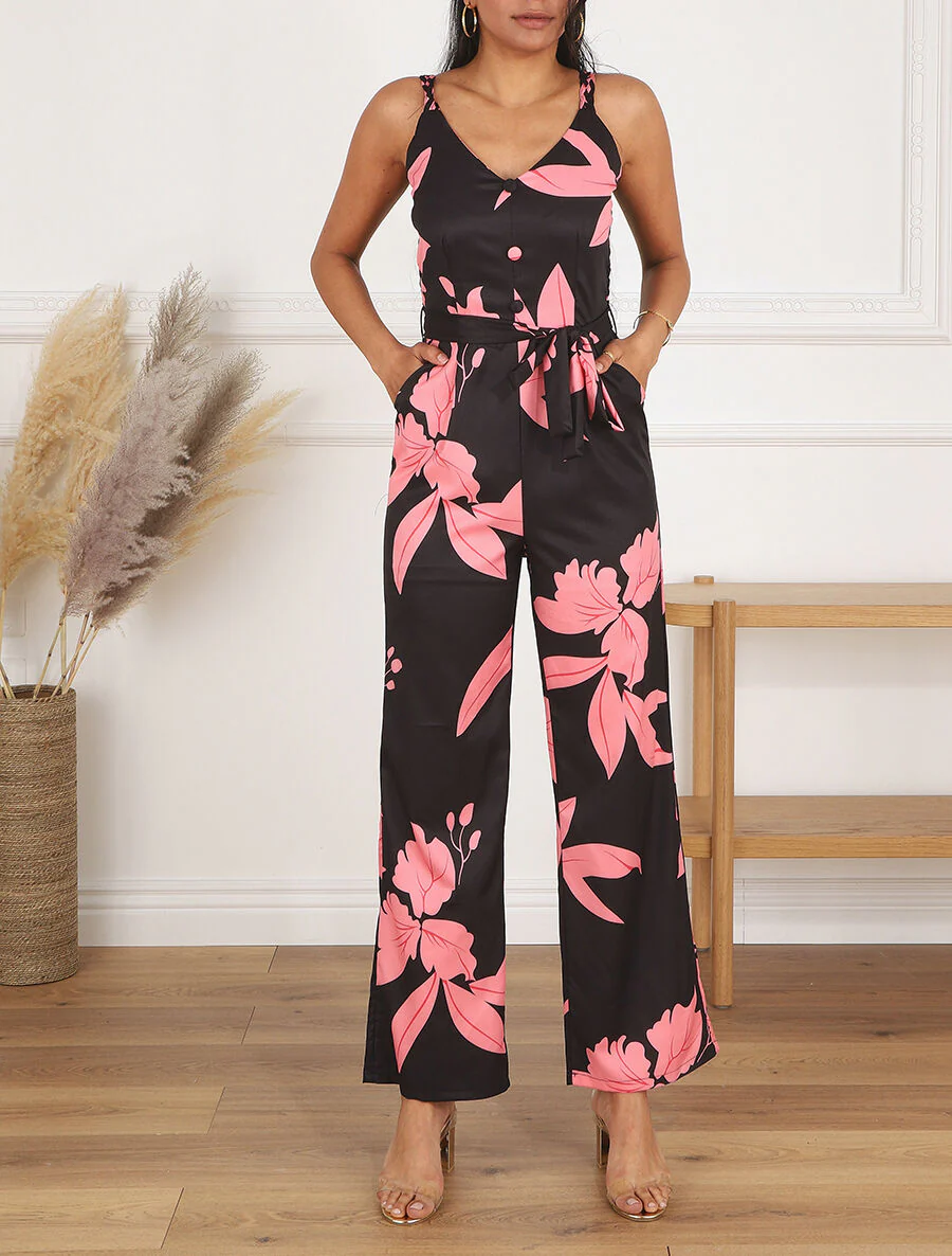 Rechte jumpsuit met gevlochten bandjes en plantenmotief - zwart - Image 4