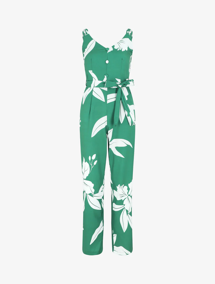Rechte jumpsuit met gevlochten bandjes en plantenmotief - groen