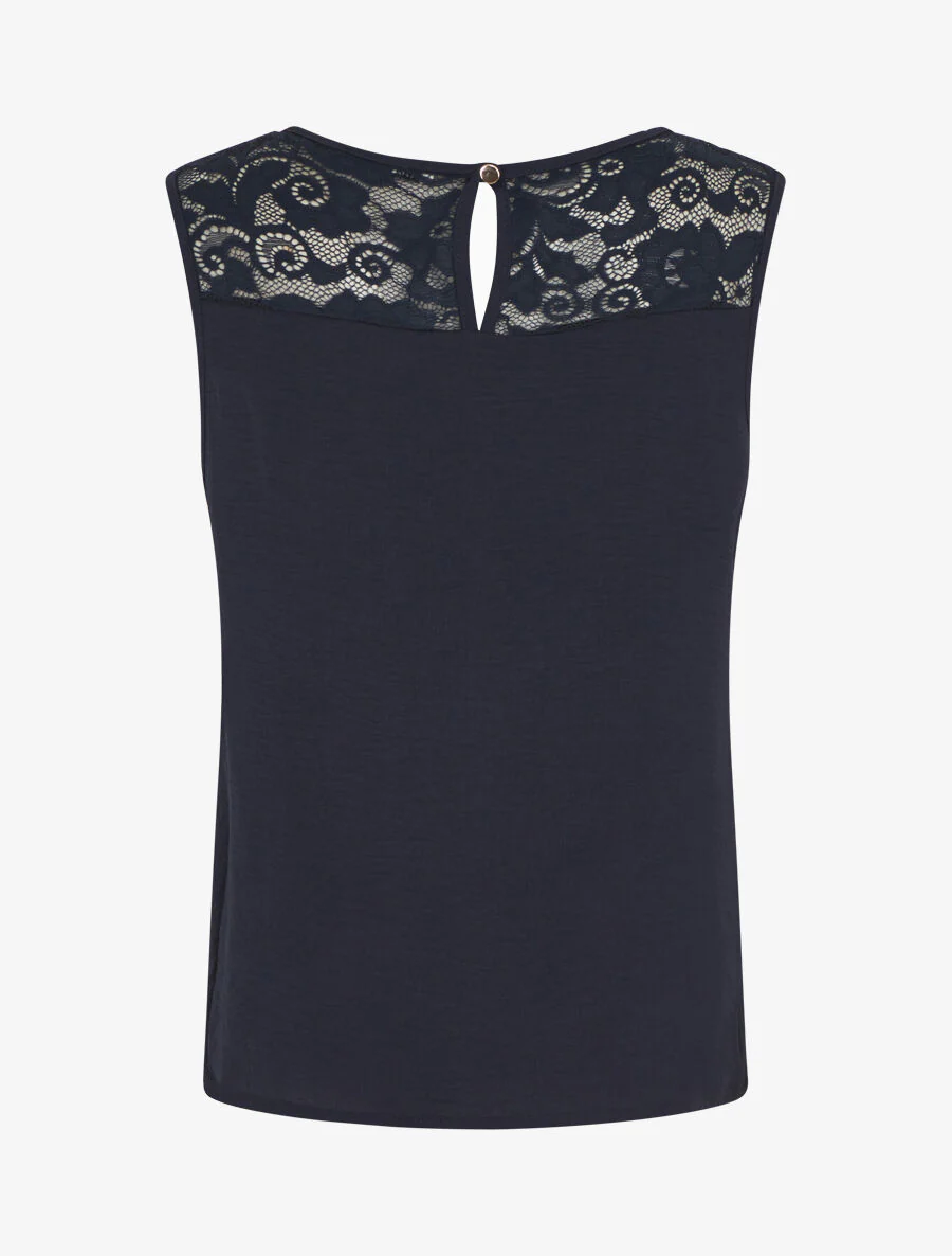 Rechte mouwloze top met kanten kraag - Marineblauw - Image 2