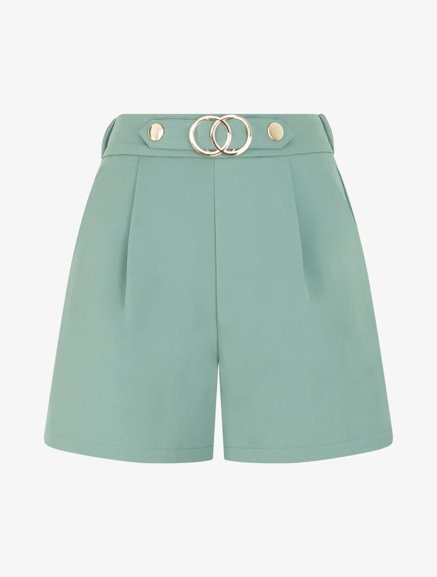 Rechte short met hoge taille en fantasiegesp - Grijsgroen