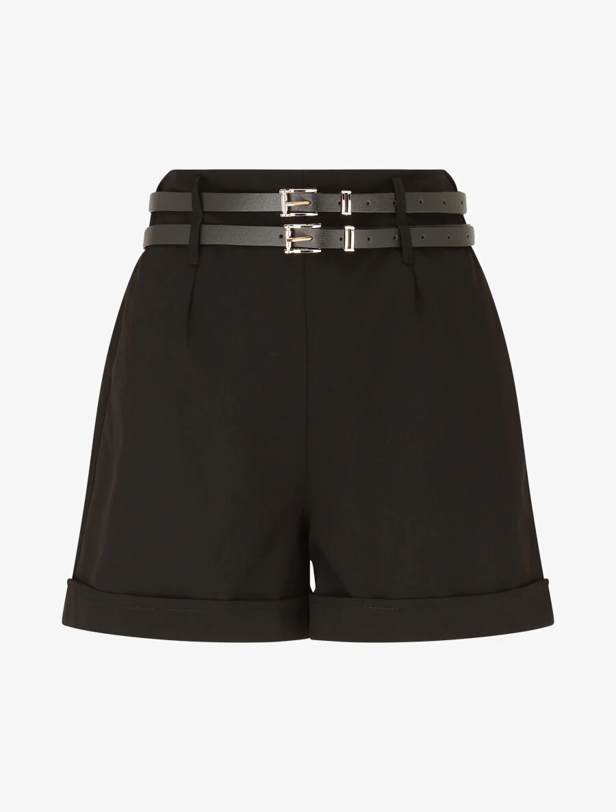 Rechte shorts met hoge taille en dubbele riemen - zwart