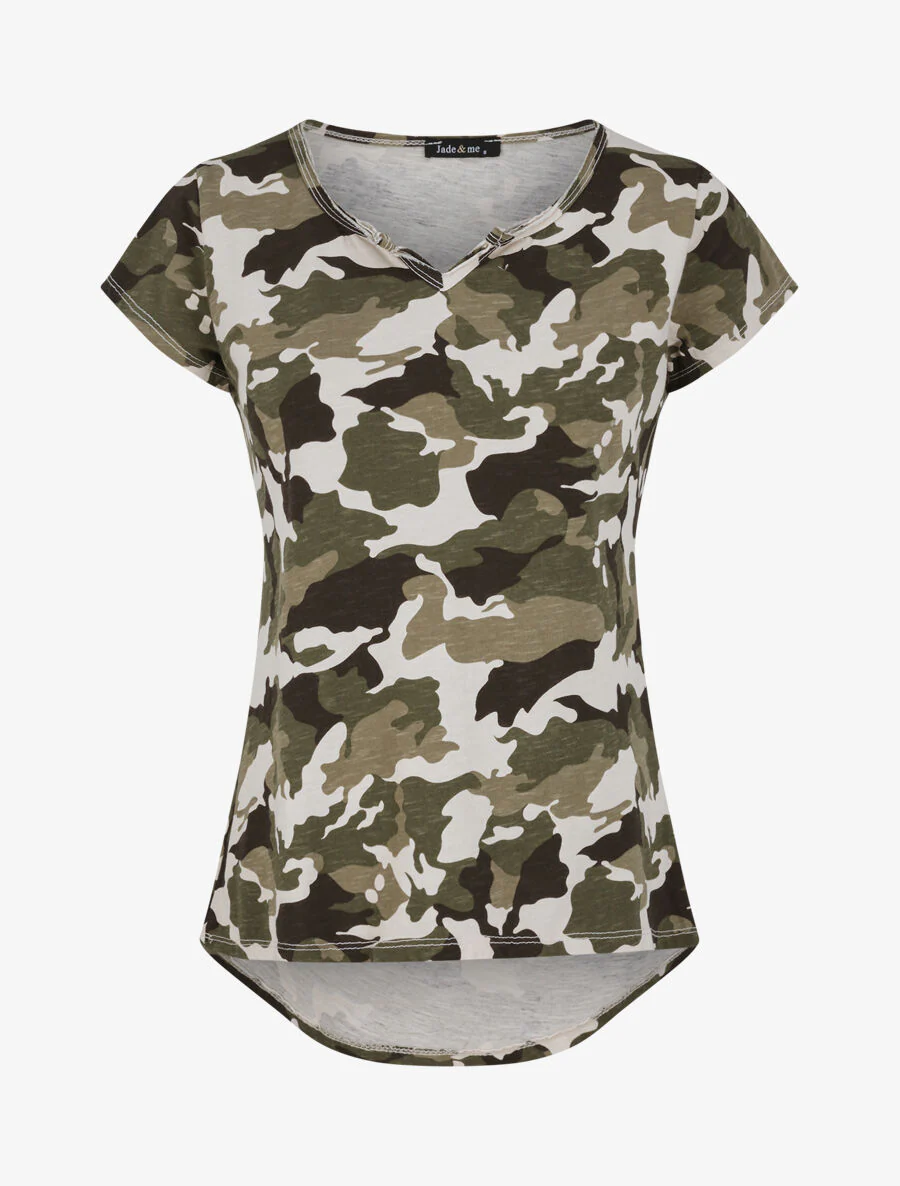 Recht T-shirt met ruitjesprint korte mouwen - Beige