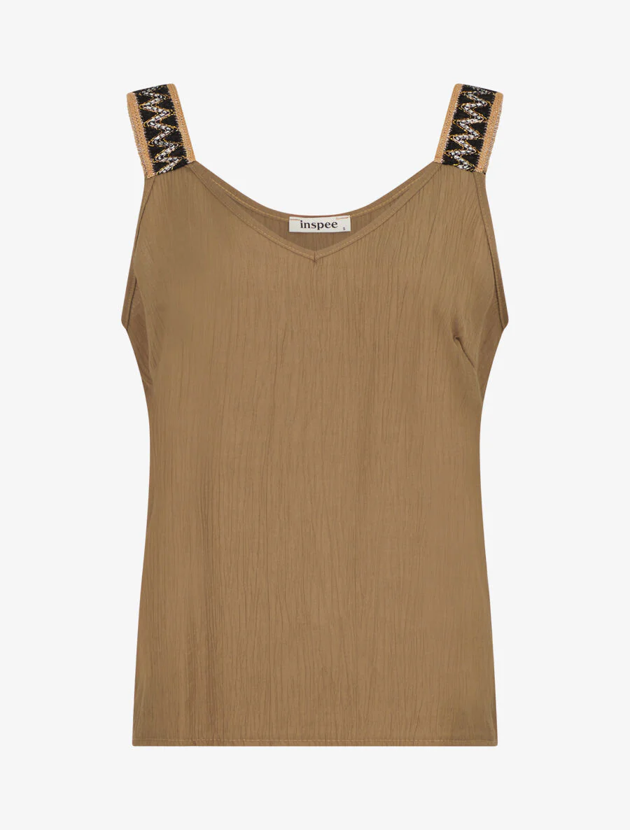 Rechte tanktop met V-hals en fancy bandjes - Kameel