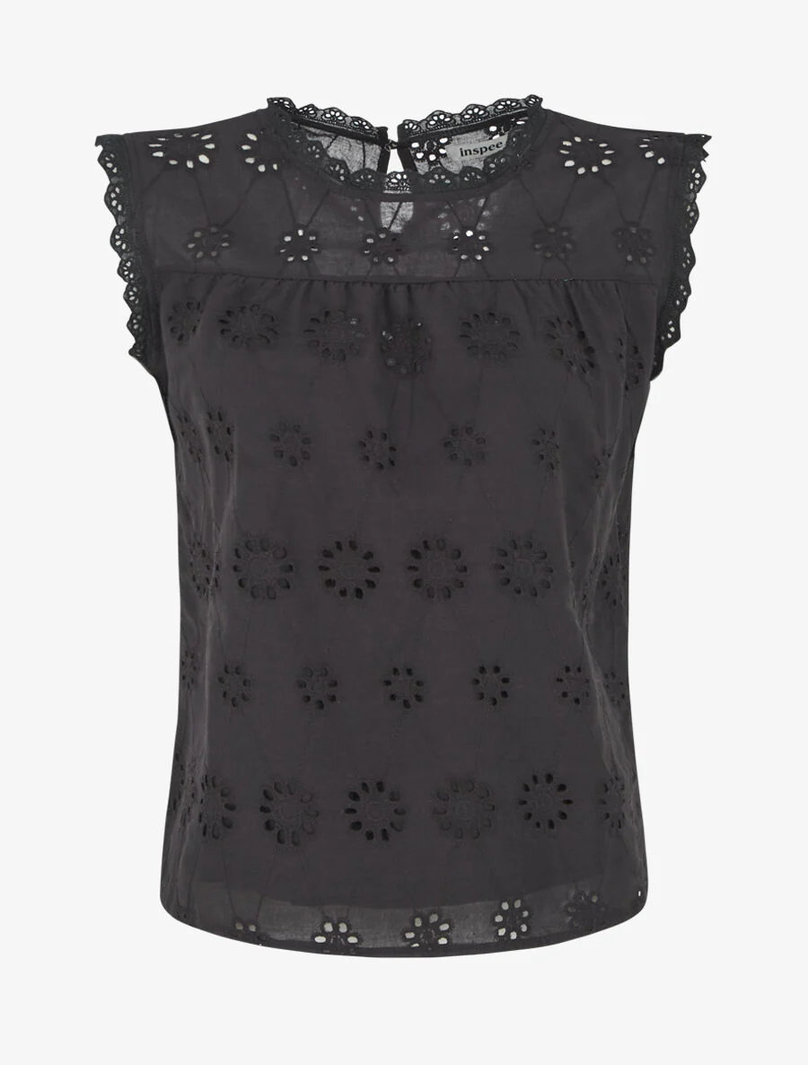 Rechte top in broderie anglaise - Zwart
