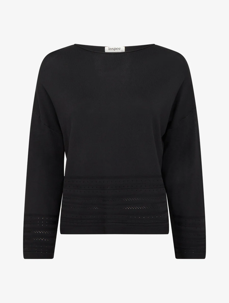 Rechtermouw top met fantasierandjes - Zwart