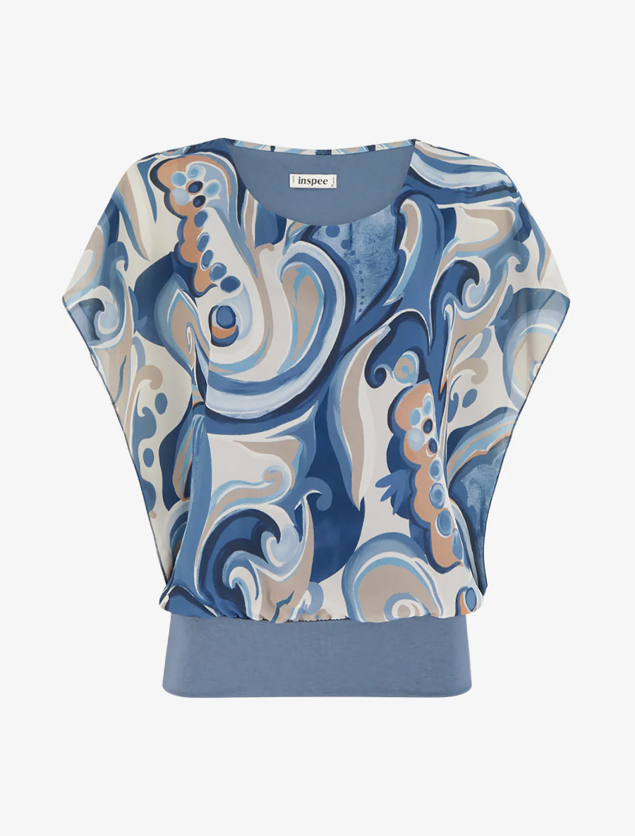 Rechtermouwloos top met korte mouwen en arabeskenprint. - Donkerblauw