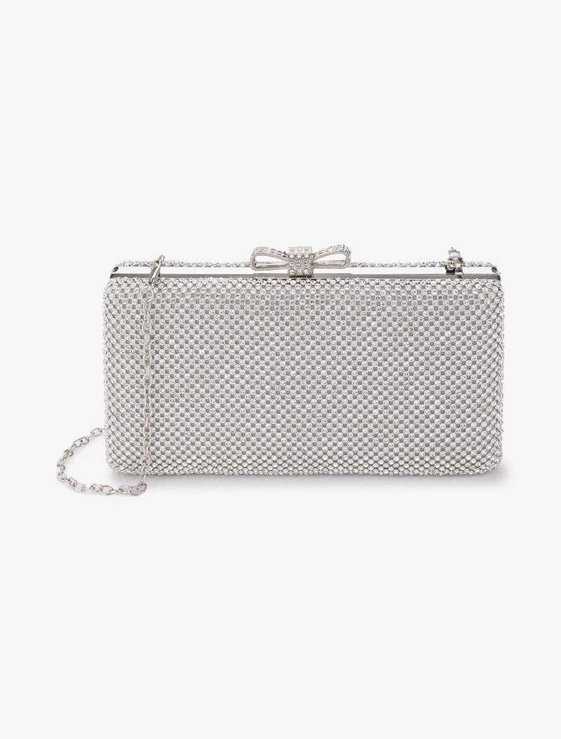 Rechthoekige minaudière met knoopsluiting en strass - Zilver