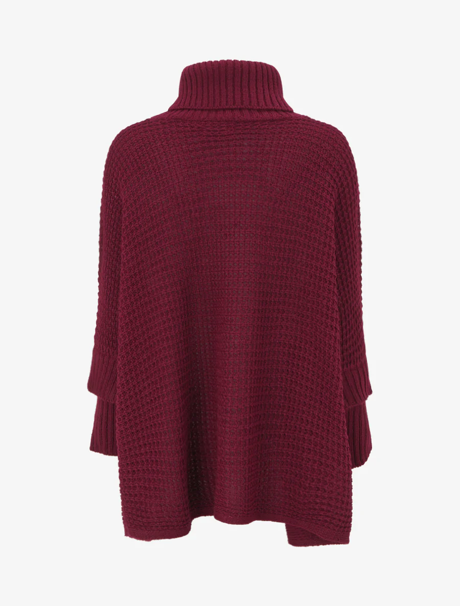 Rechthoekige ponchostijl trui met coltrui. - Wijnrood - Image 2