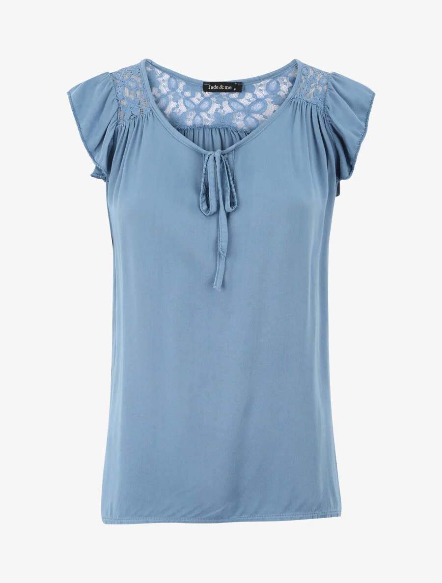 Rechts boven een effen mouw met kanten - Blauw