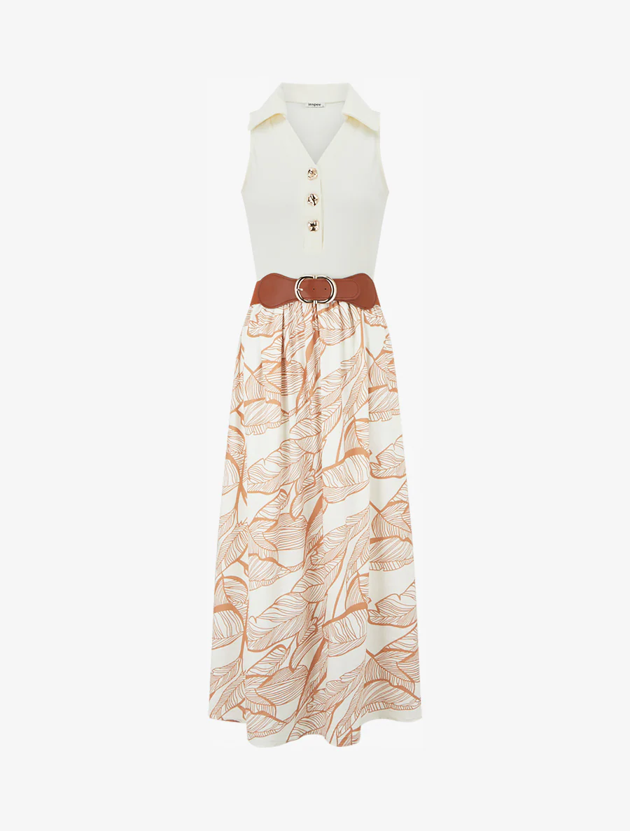 Robe longue à boutons fantaisies et imprimé feuilles - Camel