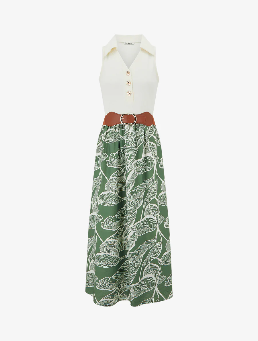 Robe longue à boutons fantaisies et imprimé feuilles - Vert