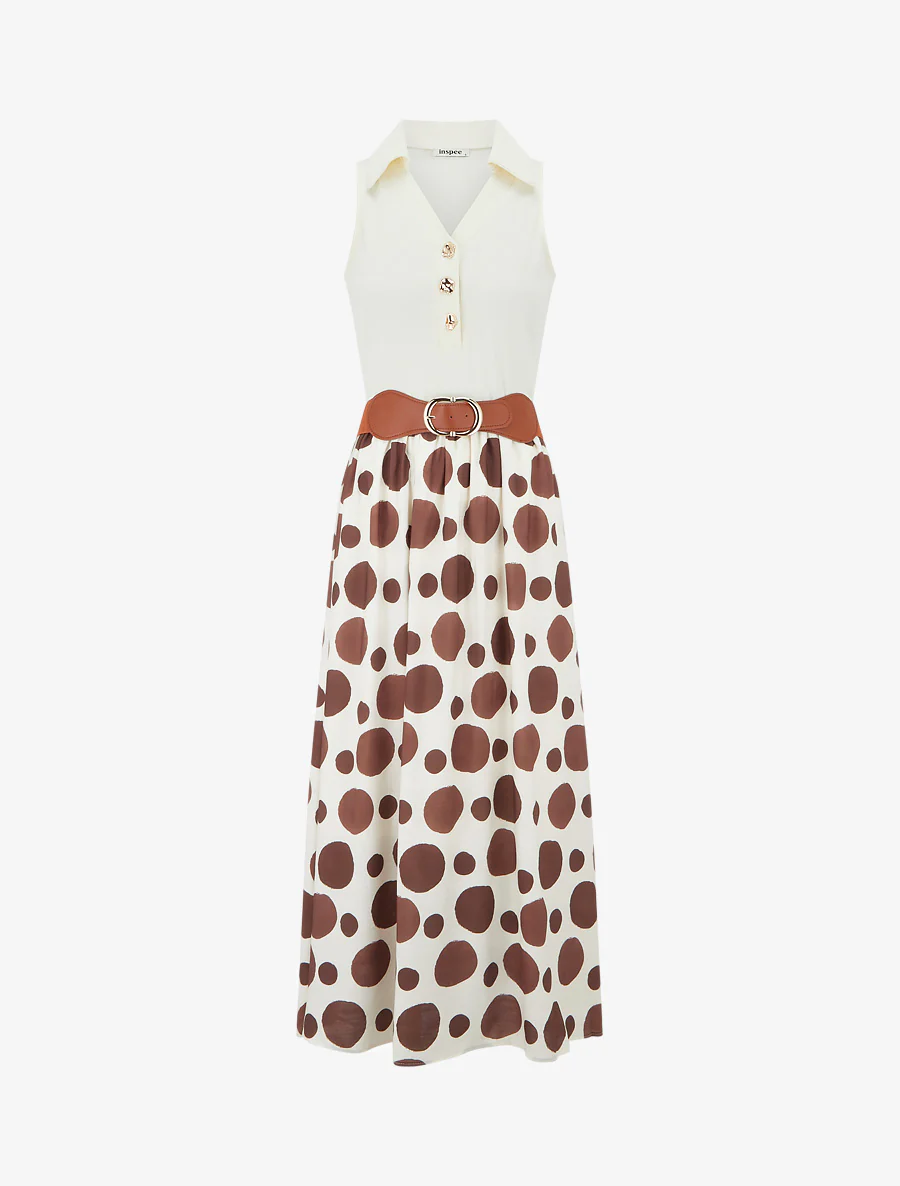Robe longue à boutons fantaisies et imprimé gros pois - Marron