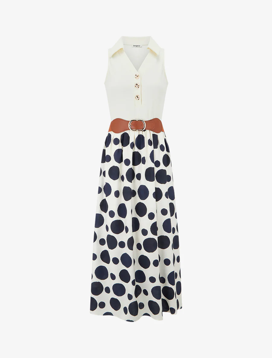 Robe longue à boutons fantaisies et imprimé gros pois - Marine