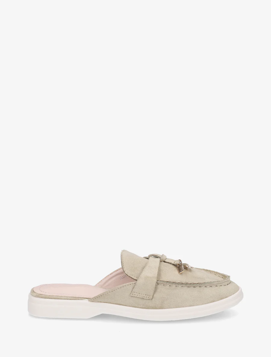 Ronde neus suède slippers - Licht kaki